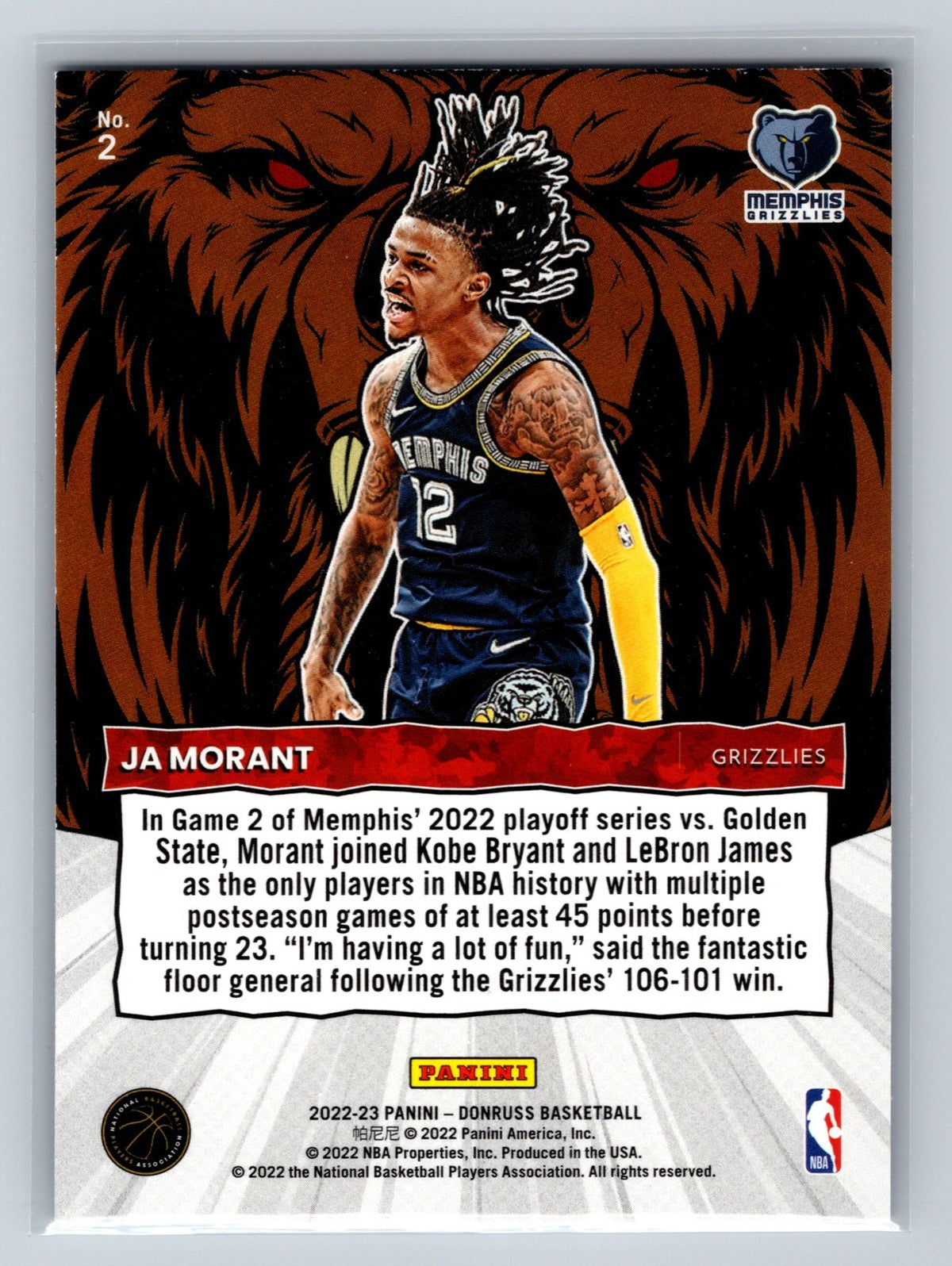 JA Morant 2022-23 Panini Donruss Unleashed #2 Grizzlies