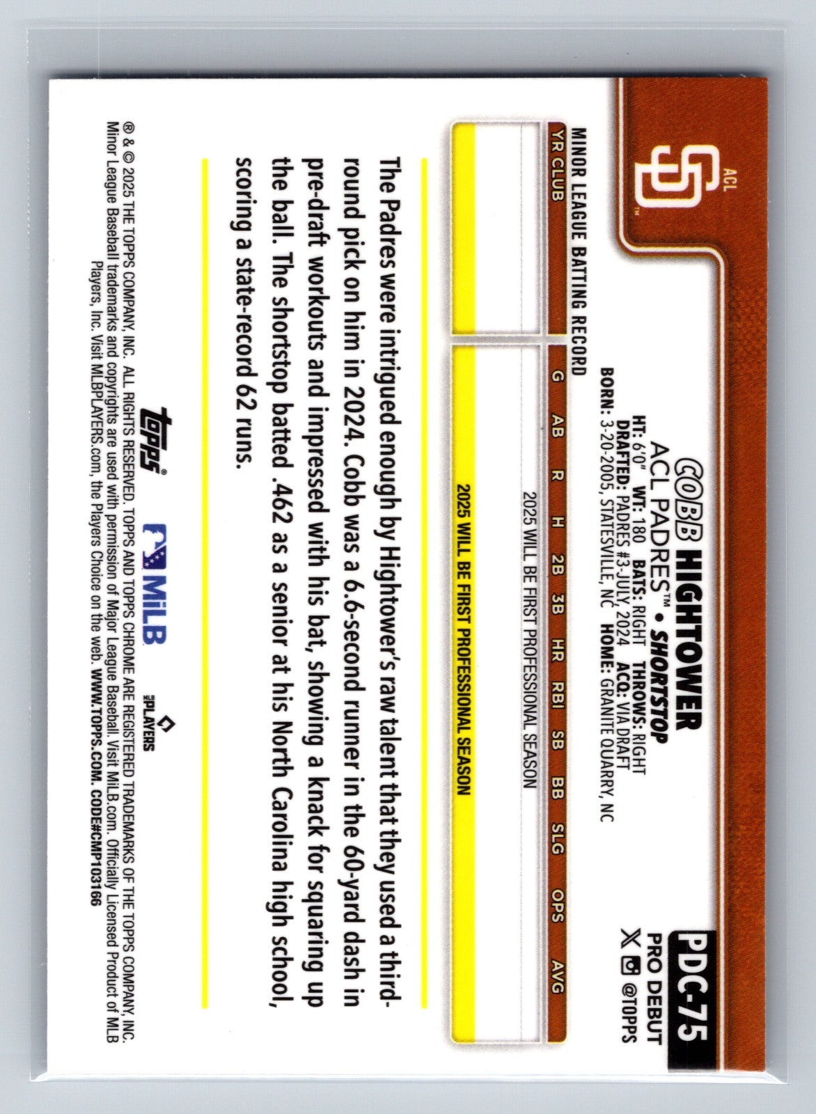 Cobb Hightower 2025 Topps Pro Debut Chrome Purple Refractor /125 #PDC-75 Padres