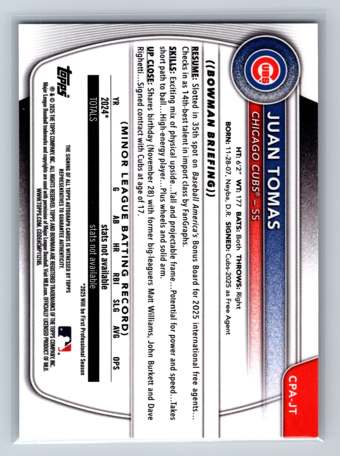 Juan Tomas 2025 Bowman Chrome 1st Mini Diamond Refractor Auto /100 #CPA-JT Cubs