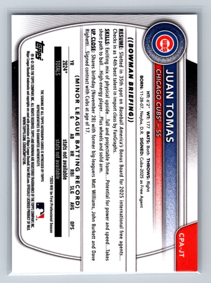 Juan Tomas 2025 Bowman Chrome 1st Mini Diamond Refractor Auto /100 #CPA-JT Cubs
