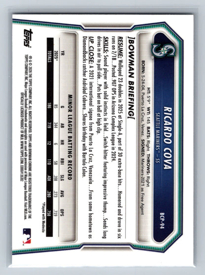 Ricardo Cova 2026 Bowman Chrome 1st Lava Refractor /399 #BCP-94 Mariners