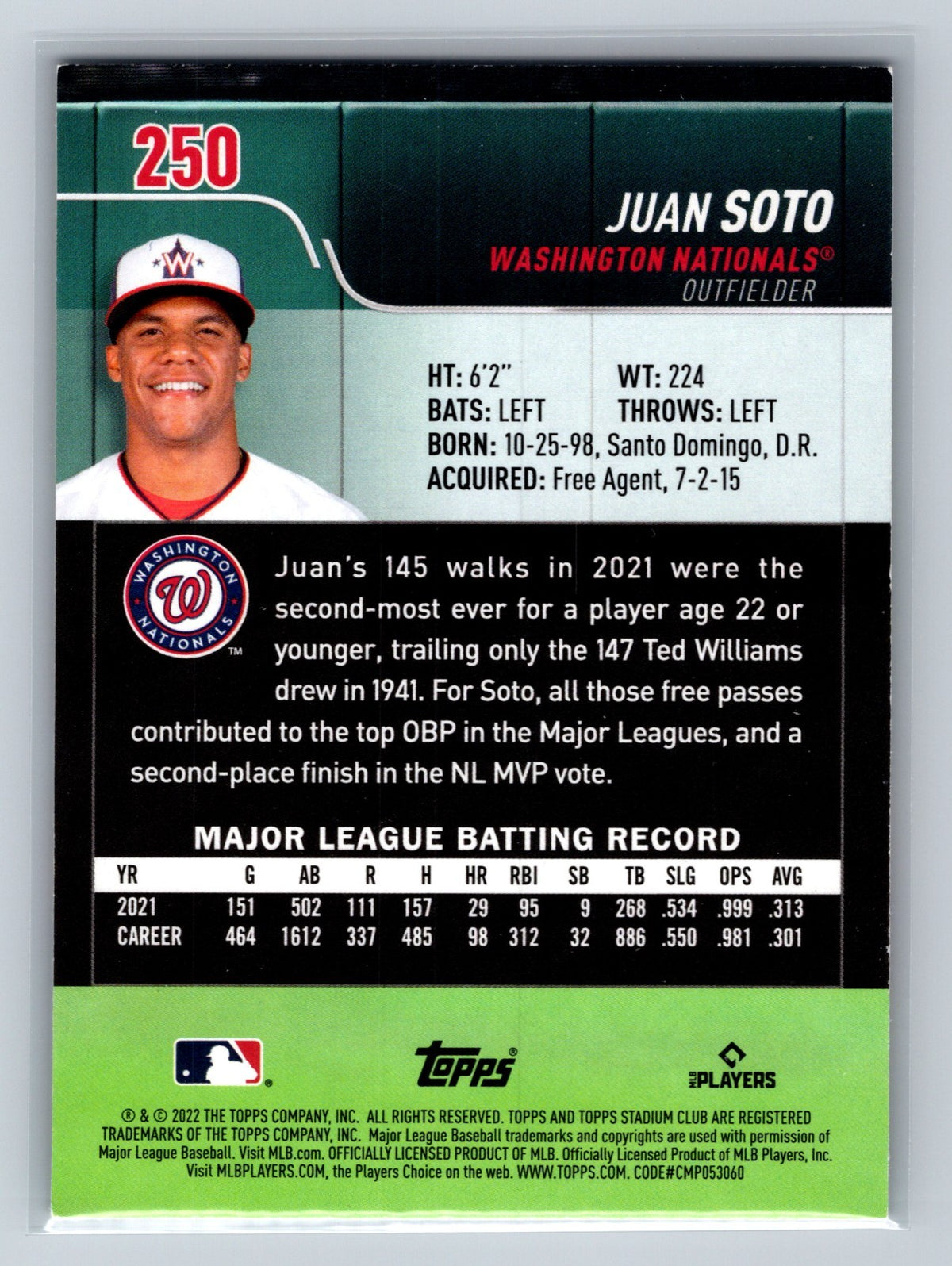 Juan Soto 2022 Topps Stadium Club #250 Nationals