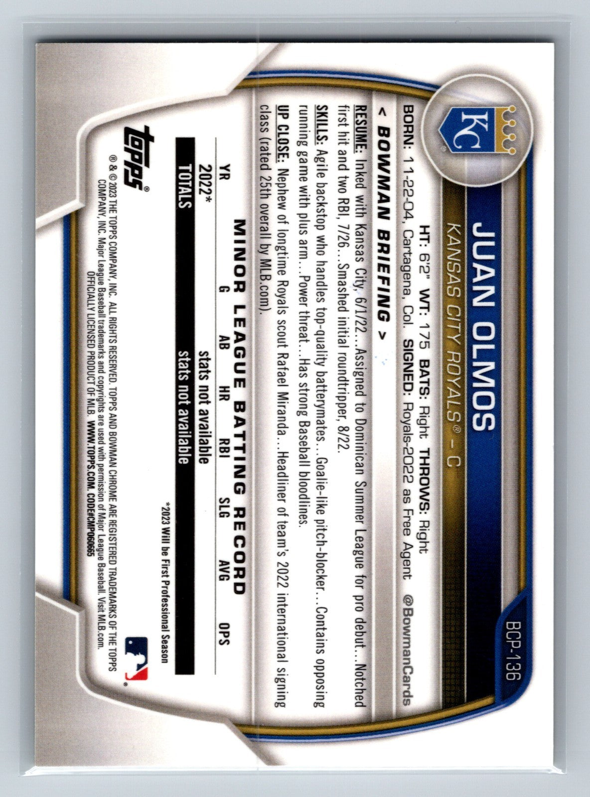 Juan Olmos 2023 Bowman Chrome 1st Yellow Lunar Crater Refractor /75 #BCP-136