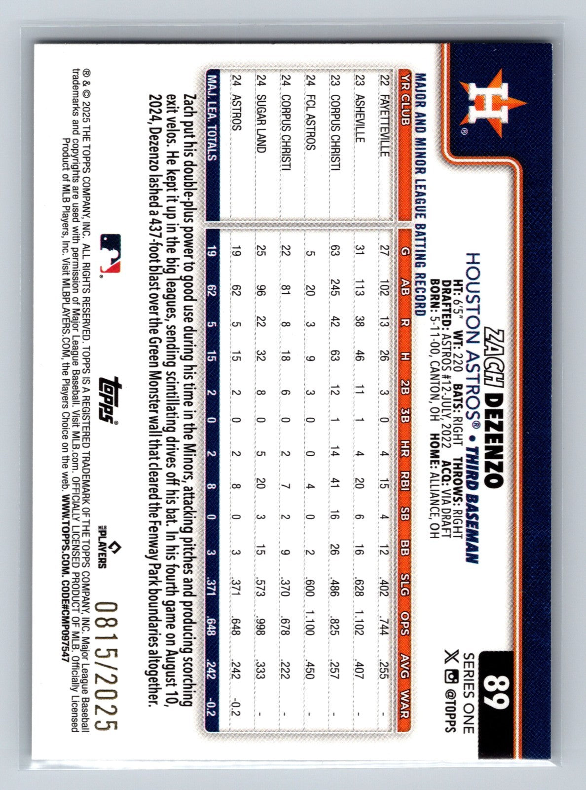 Zach Dezenzo 2025 Topps Series 1 Gold RC /2025 #89 Astros