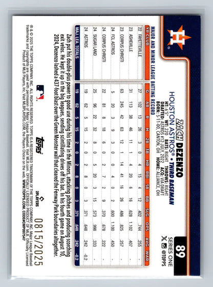 Zach Dezenzo 2025 Topps Series 1 Gold RC /2025 #89 Astros