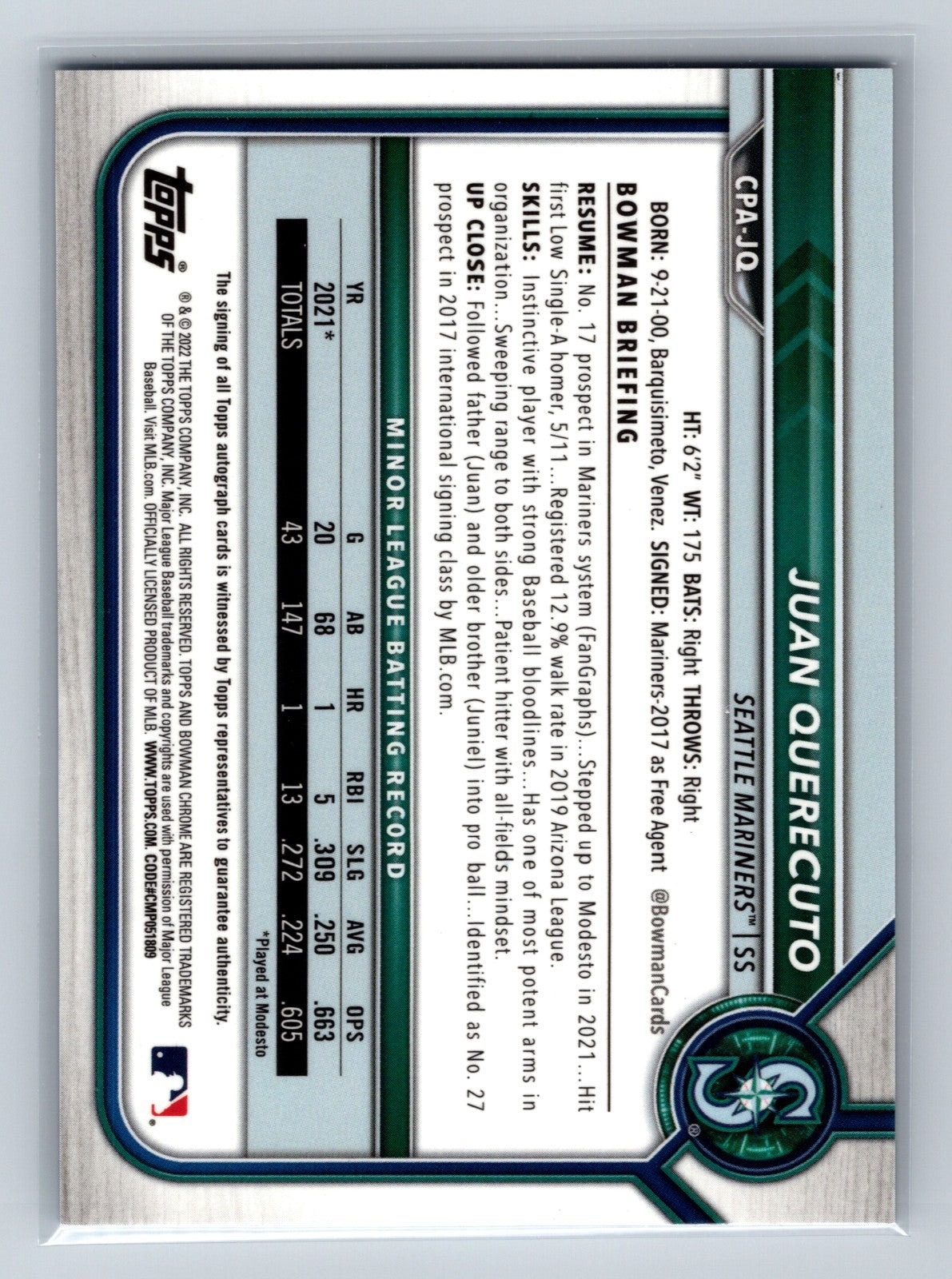 Juan Querecuto 2022 Bowman Chrome 1st Blue Refractor Auto /150 #CPA-JQ Mariners