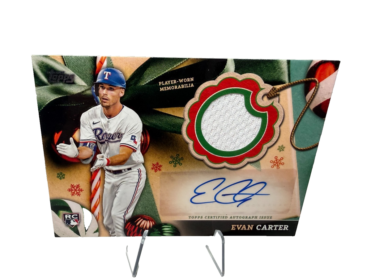 Evan Carter 2024 Topps Holiday Player Worn Auto Relic RC /50 #ARC-EC Rangers
