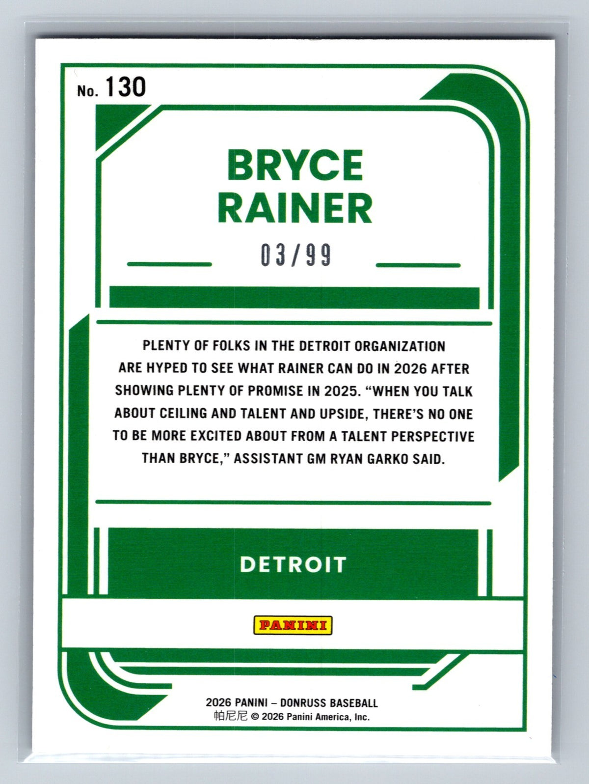 Bryce Rainer 2026 Panini Donruss Rated Prospect Purple /99 #130 Tigers