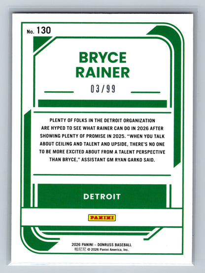 Bryce Rainer 2026 Panini Donruss Rated Prospect Purple /99 #130 Tigers