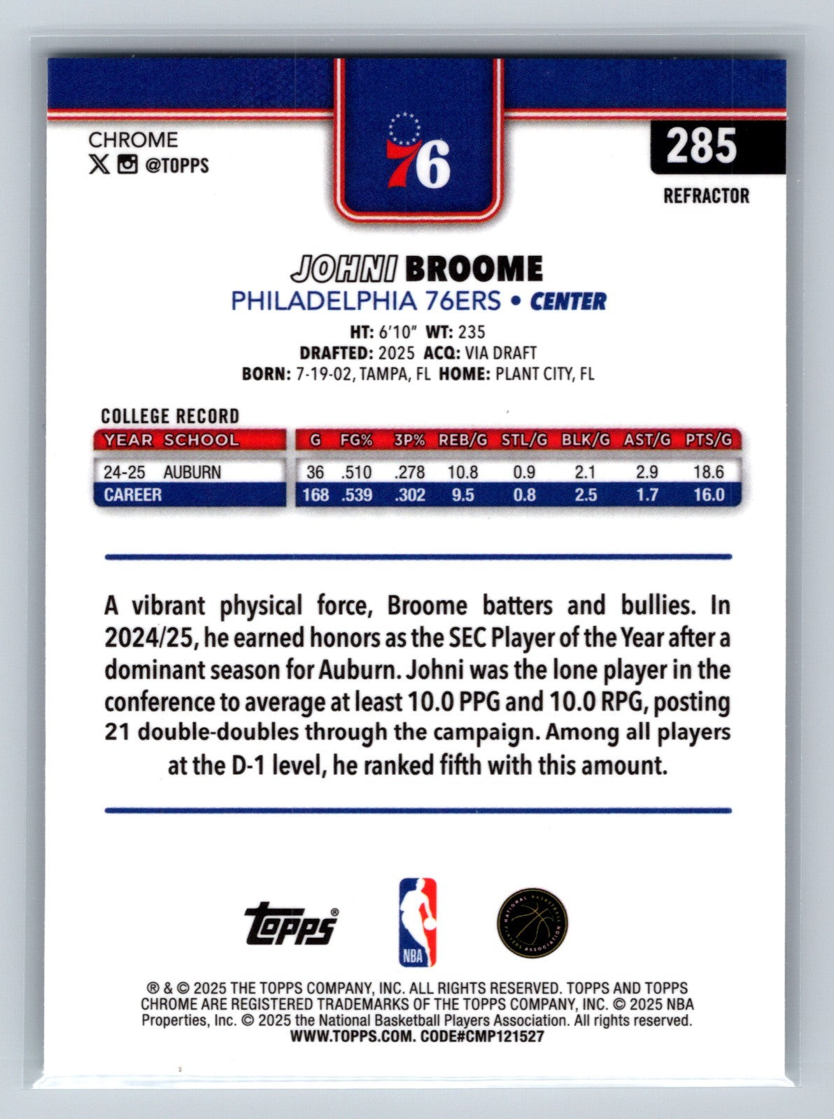 Johni Broome 2025-26 Topps Chrome Refractor RC #285 76ERS
