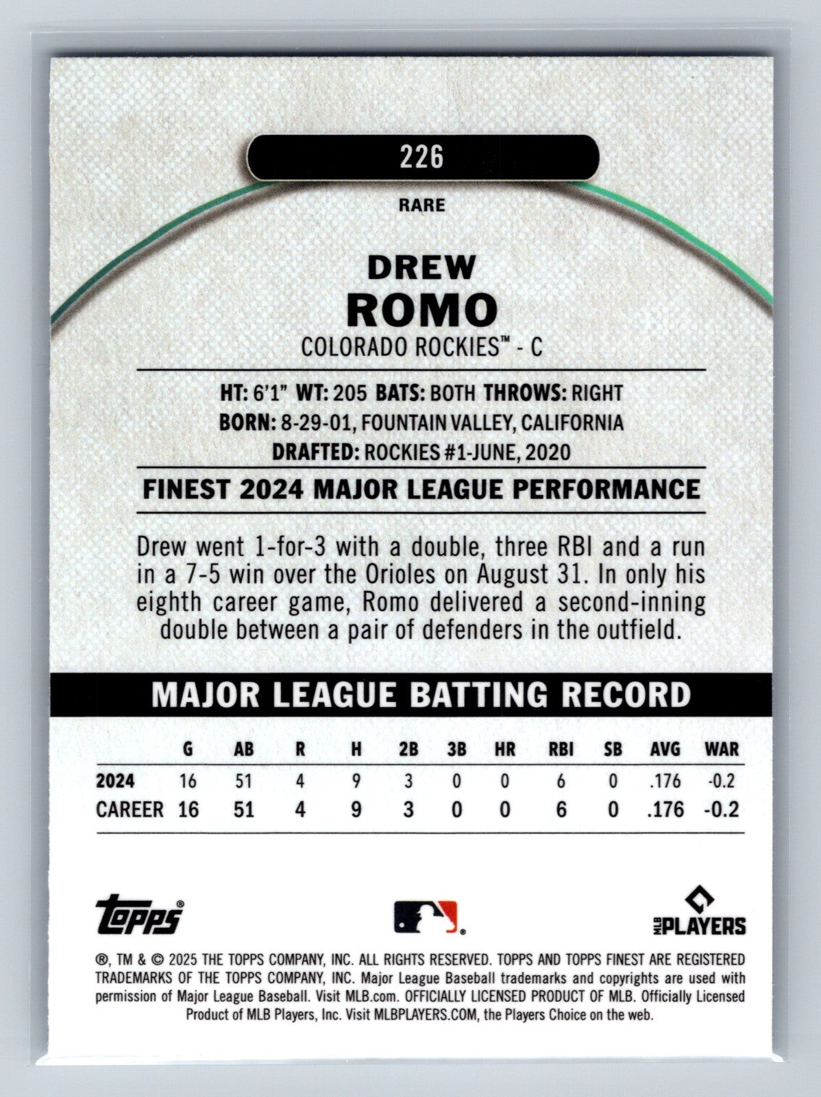 Drew Romo 2025 Topps Finest Rare Sky Blue Refractor RC /150 #226 Rockies