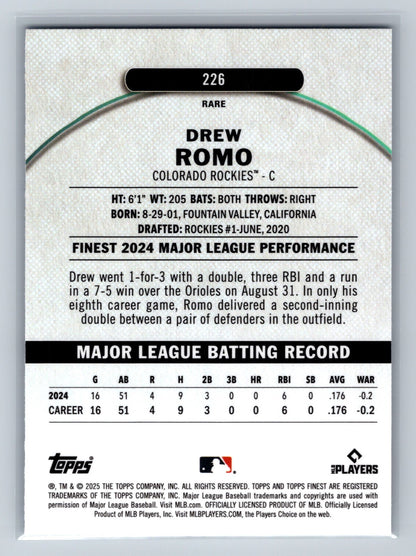 Drew Romo 2025 Topps Finest Rare Sky Blue Refractor RC /150 #226 Rockies