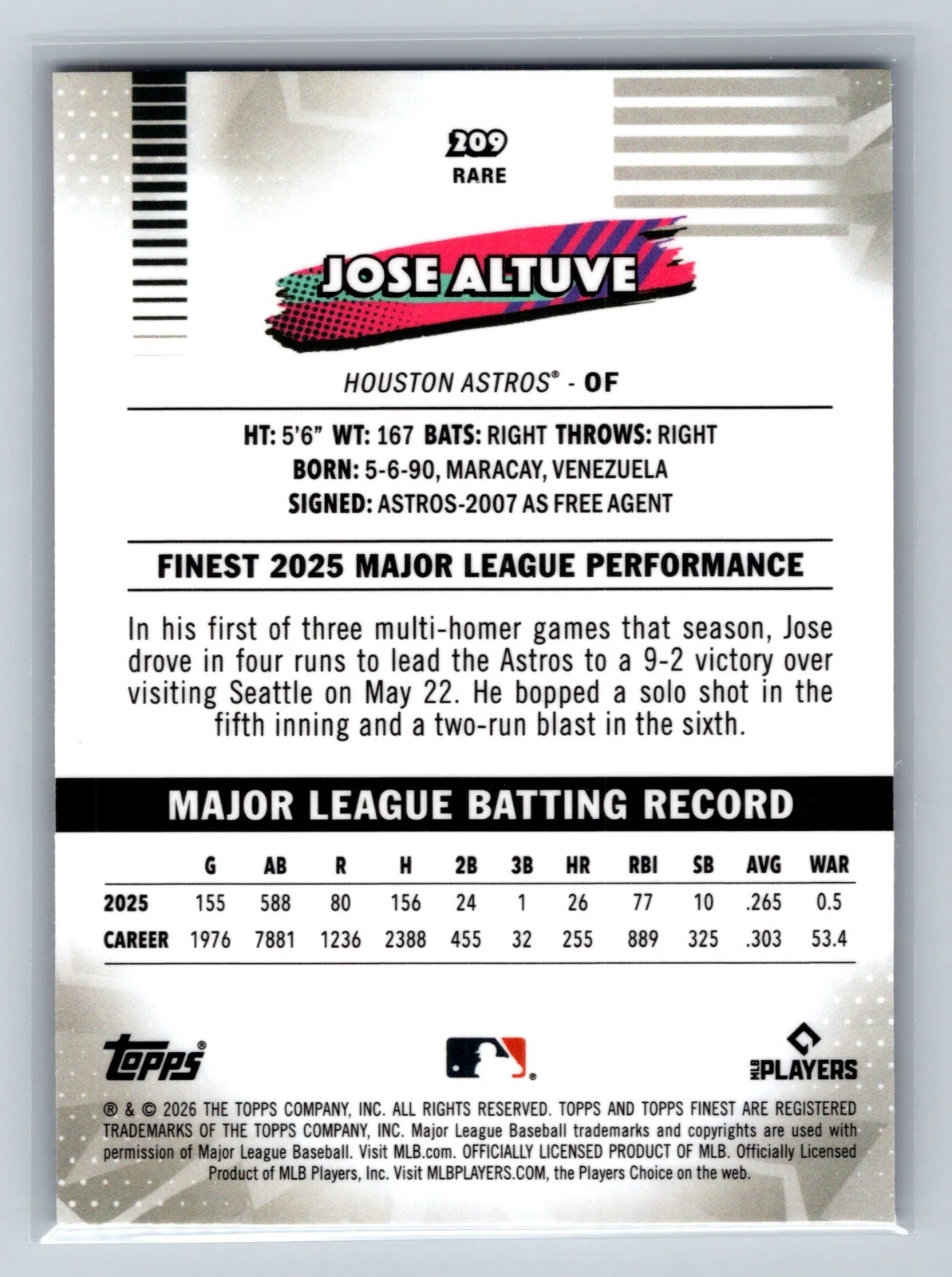 Jose Altuve 2026 Topps Finest Rare Purple Mini Diamond Refractor /75 #209 Astros