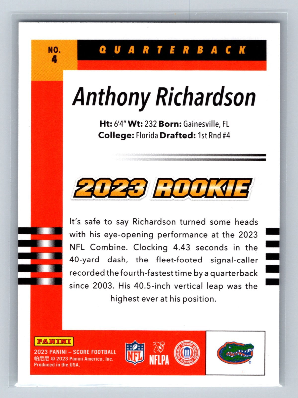 Anthony Richardson 2023 Panini Score Throwback Rookie #4 Gators