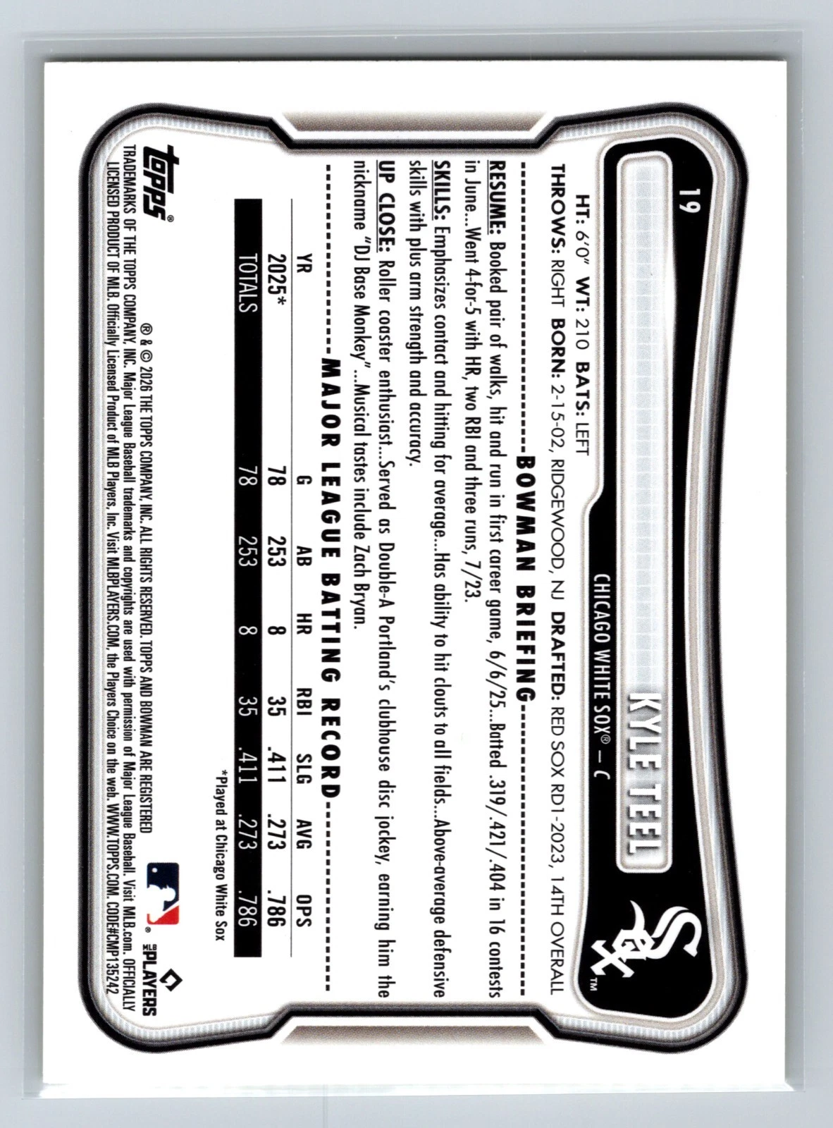 Kyle Teel 2026 Bowman Prospect Paper Yellow RC /75 #19 White Sox