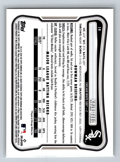 Kyle Teel 2026 Bowman Prospect Paper Yellow RC /75 #19 White Sox