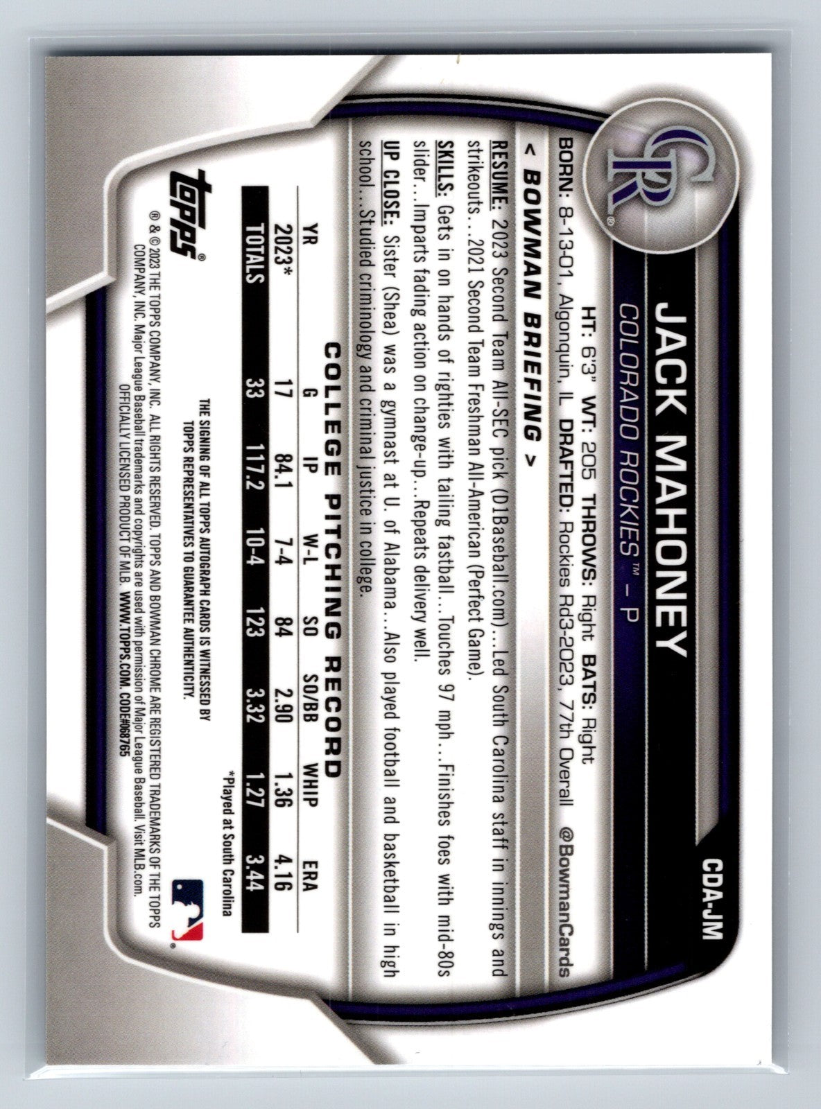 Jack Mahoney 2023 Bowman Draft Chrome 1st Auto #CDA-JM Rockies