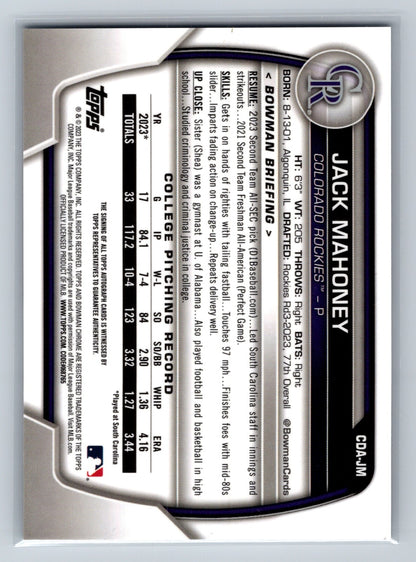 Jack Mahoney 2023 Bowman Draft Chrome 1st Auto #CDA-JM Rockies