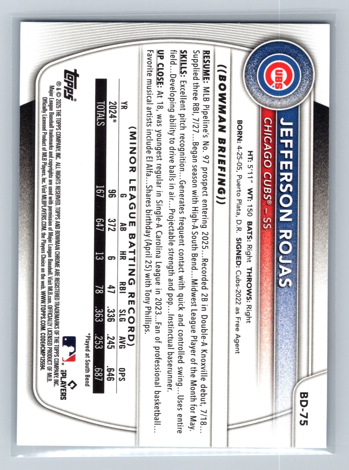 Jefferson Rojas 2025 Bowman Draft Paper Sky Blue #BD-75 Cubs