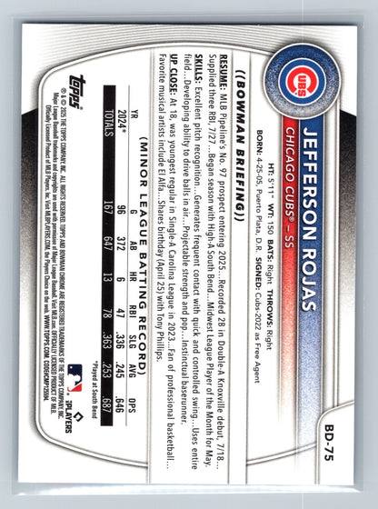 Jefferson Rojas 2025 Bowman Draft Paper Sky Blue #BD-75 Cubs