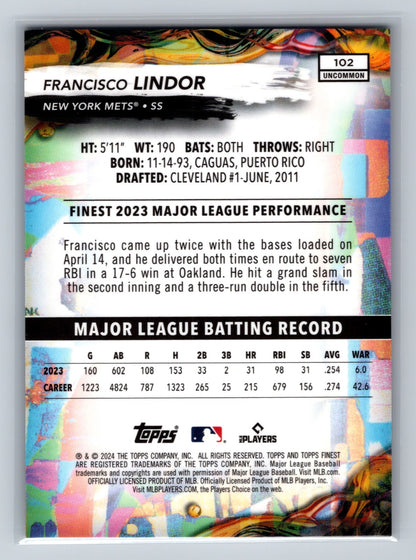 Francisco Lindor 2024 Topps Finest Uncommon Purple Checkerboard Refractor /99