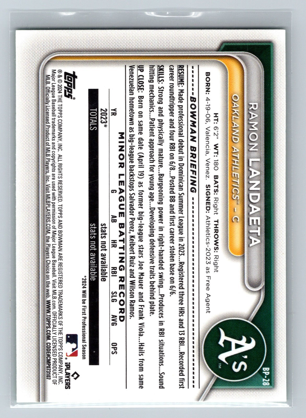 Ramon Landaeta 2024 Bowman 1st Paper Neon Green /399 #BP-28 Athletics