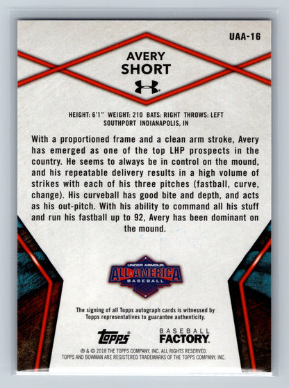 Avery Short 2018 Topps Under Armour All America Auto #UAA-16 Diamondbacks