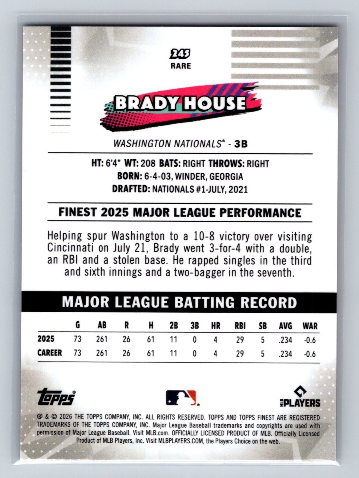 Brady House 2026 Topps Finest Rare Orange Mini Diamond Refractor RC /25 #245