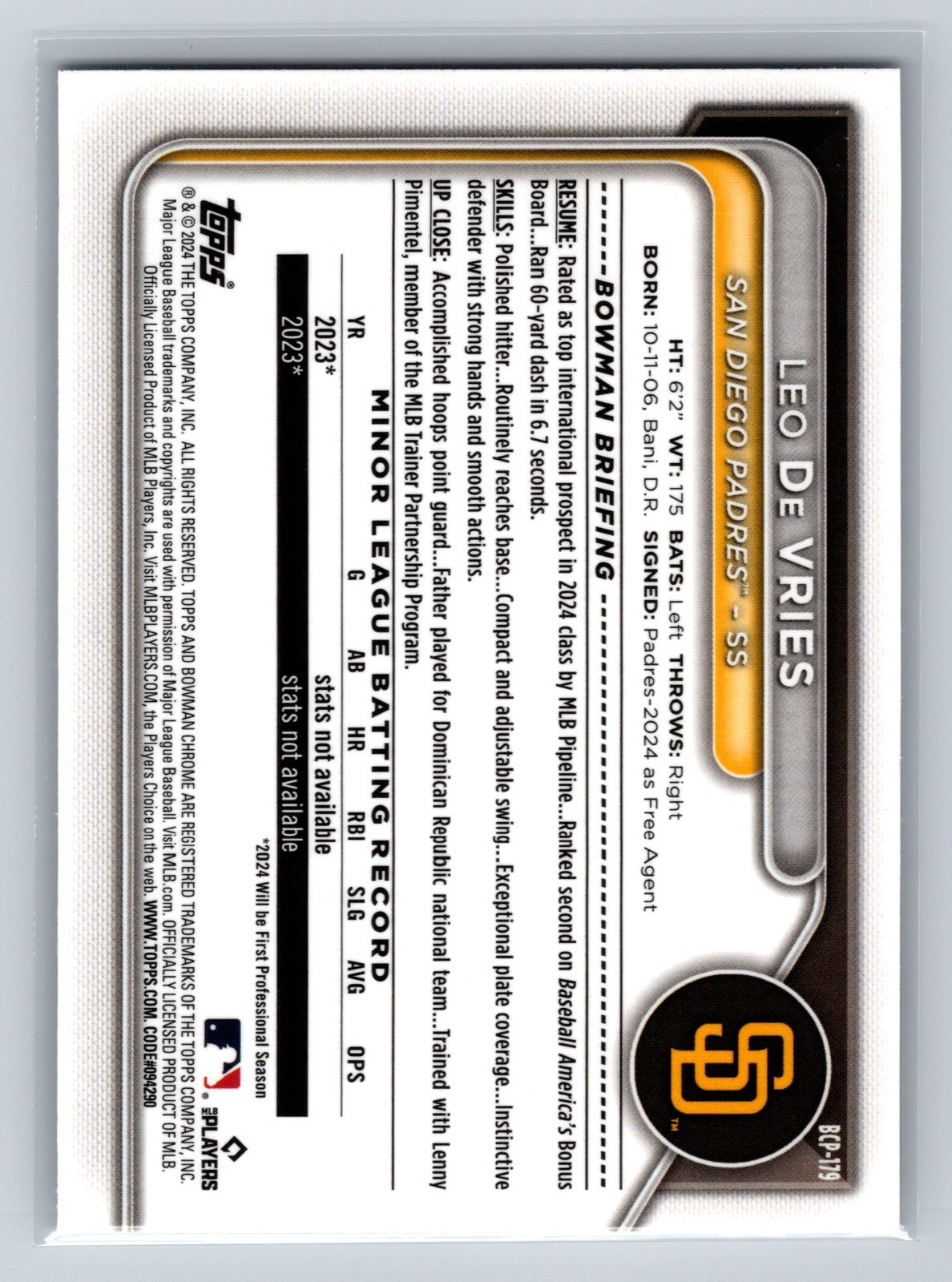 Leo De Vries 2024 Bowman Chrome 1st Mojo Refractor #BCP-179 Padres