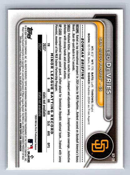 Leo De Vries 2024 Bowman Chrome 1st Mojo Refractor #BCP-179 Padres