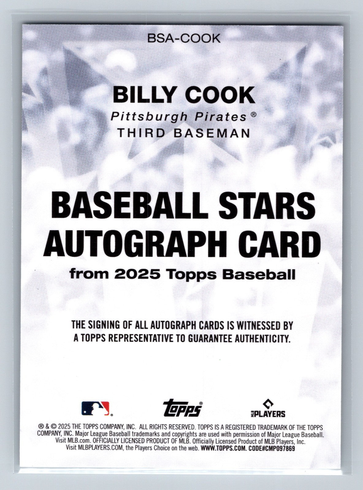 Billy Cook 2025 Topps Series 1 Baseball Stars Auto RC #BSA-COOK Pirates