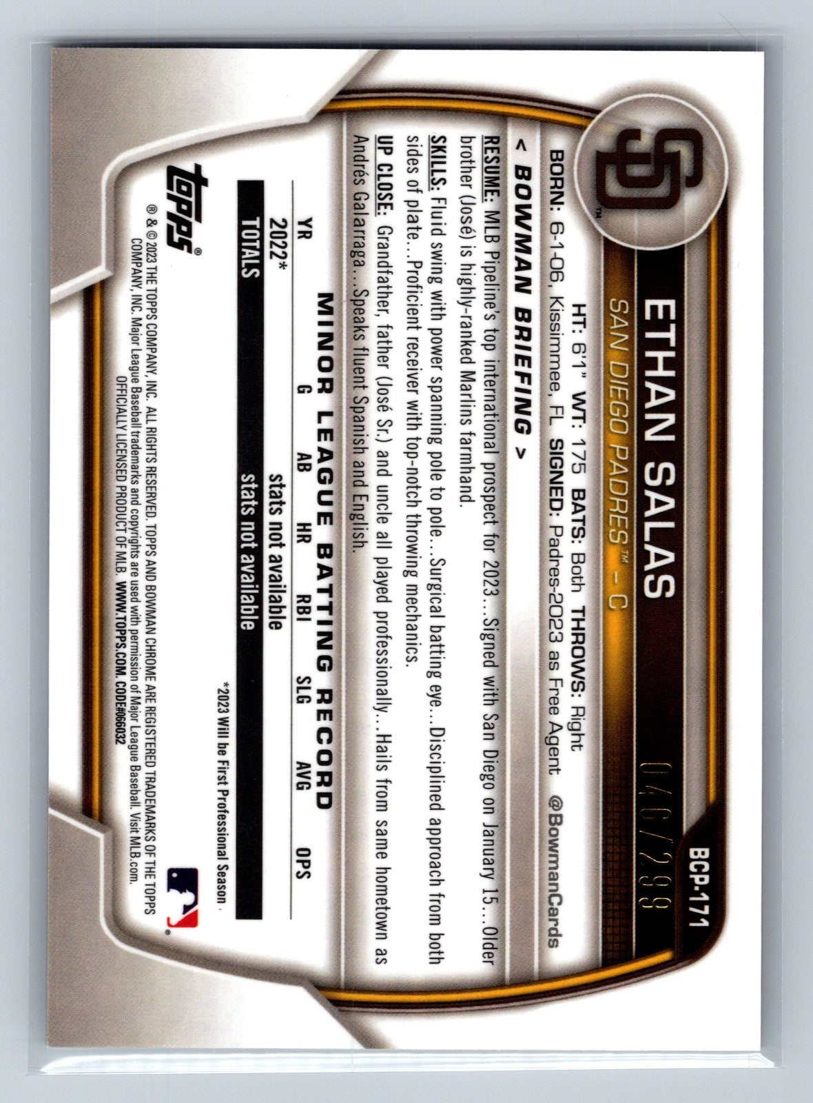 Ethan Salas 2023 Bowman Chrome 1st Purple Mojo Refractor /299 #BCP-171 Padres