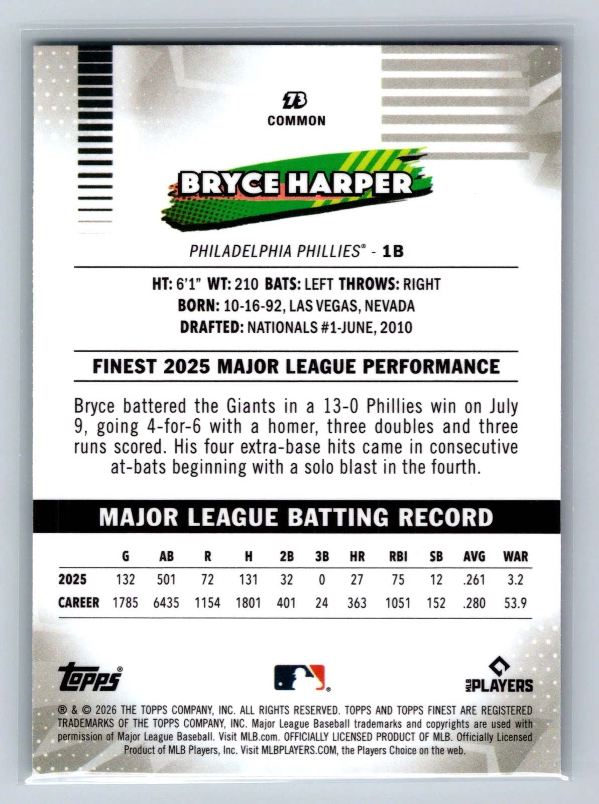 Bryce Harper 2026 Topps Finest Common Aqua Mini Diamond Refractor /199 #73