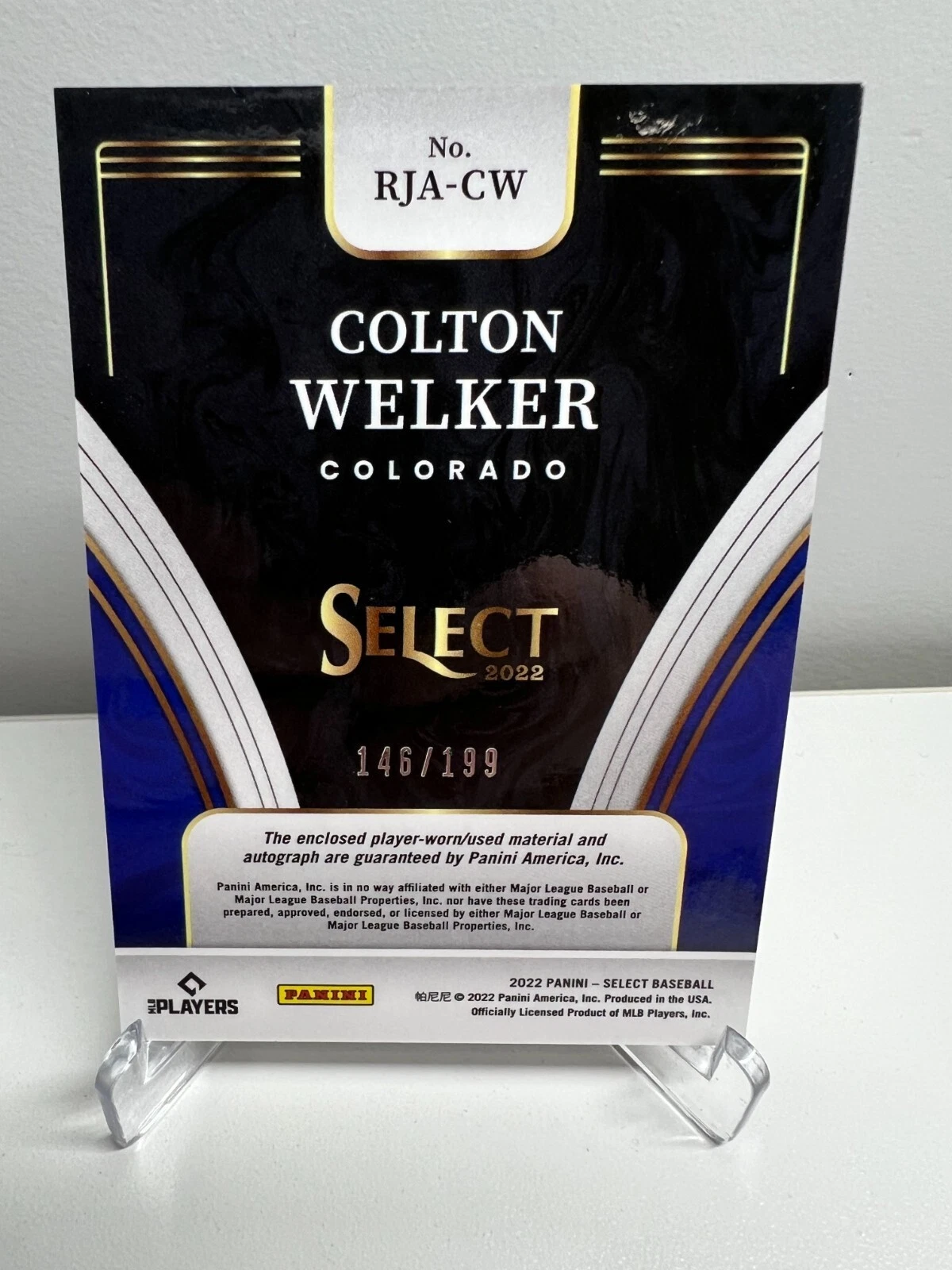 Colton Welker 2022 Panini Select Patch Auto RC /199 #RJA-CW Rockies