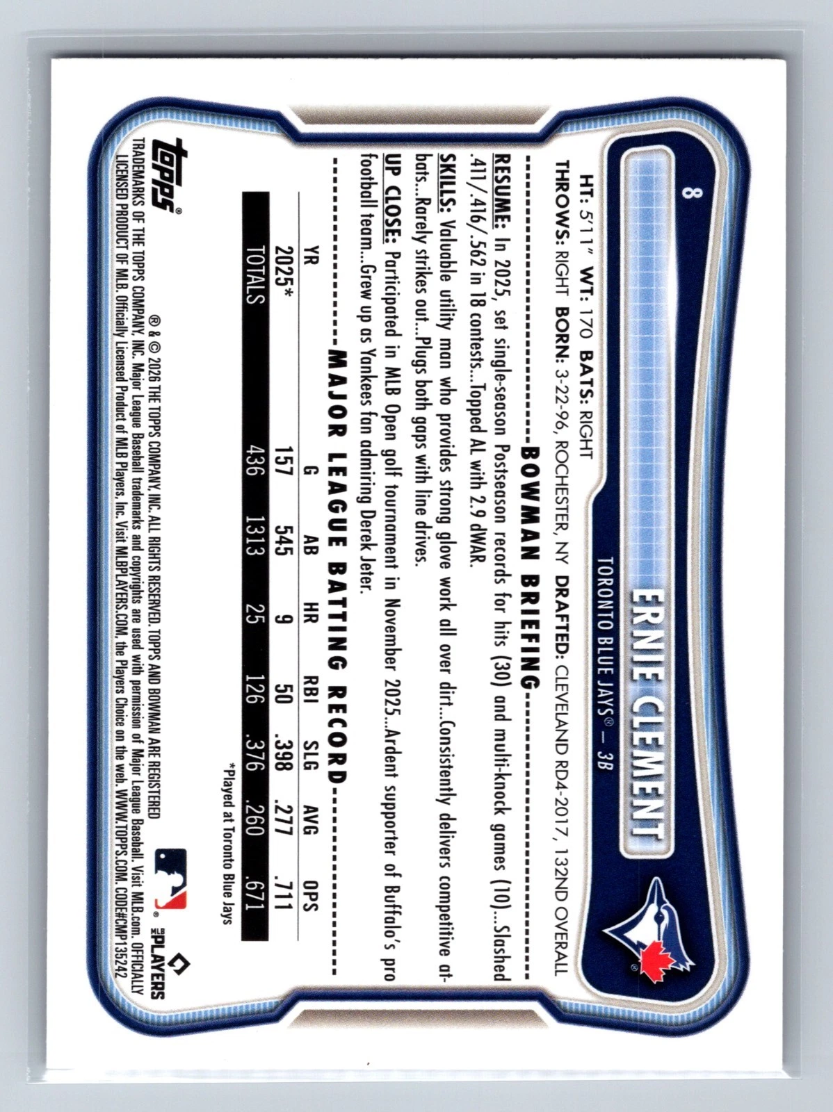 Ernie Clement 2026 Bowman Fuchsia Border /299 #8 Blue Jays