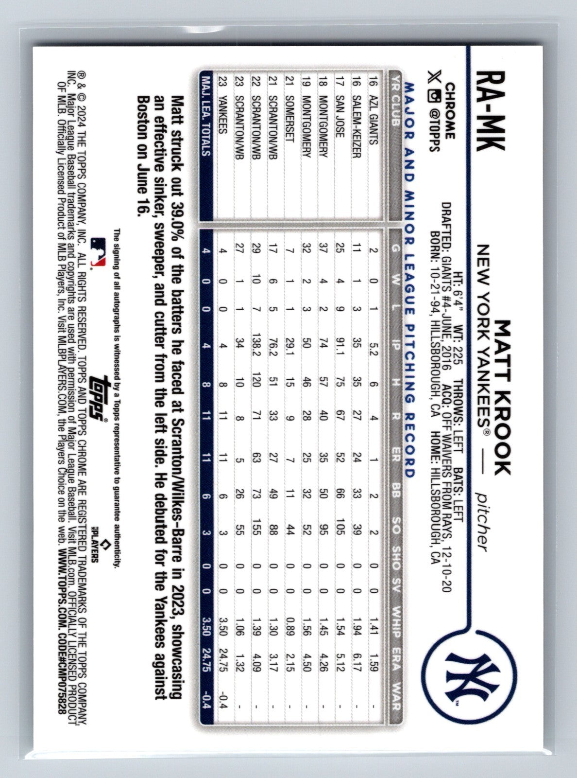 Matt Krook 2024 Topps Chrome Auto RC #RA-MK Yankees