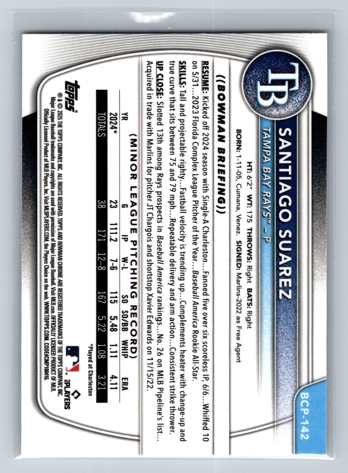 Santiago Suarez 2025 Bowman Chrome 1st Wave Refractor /350 #BCP-142 Rays