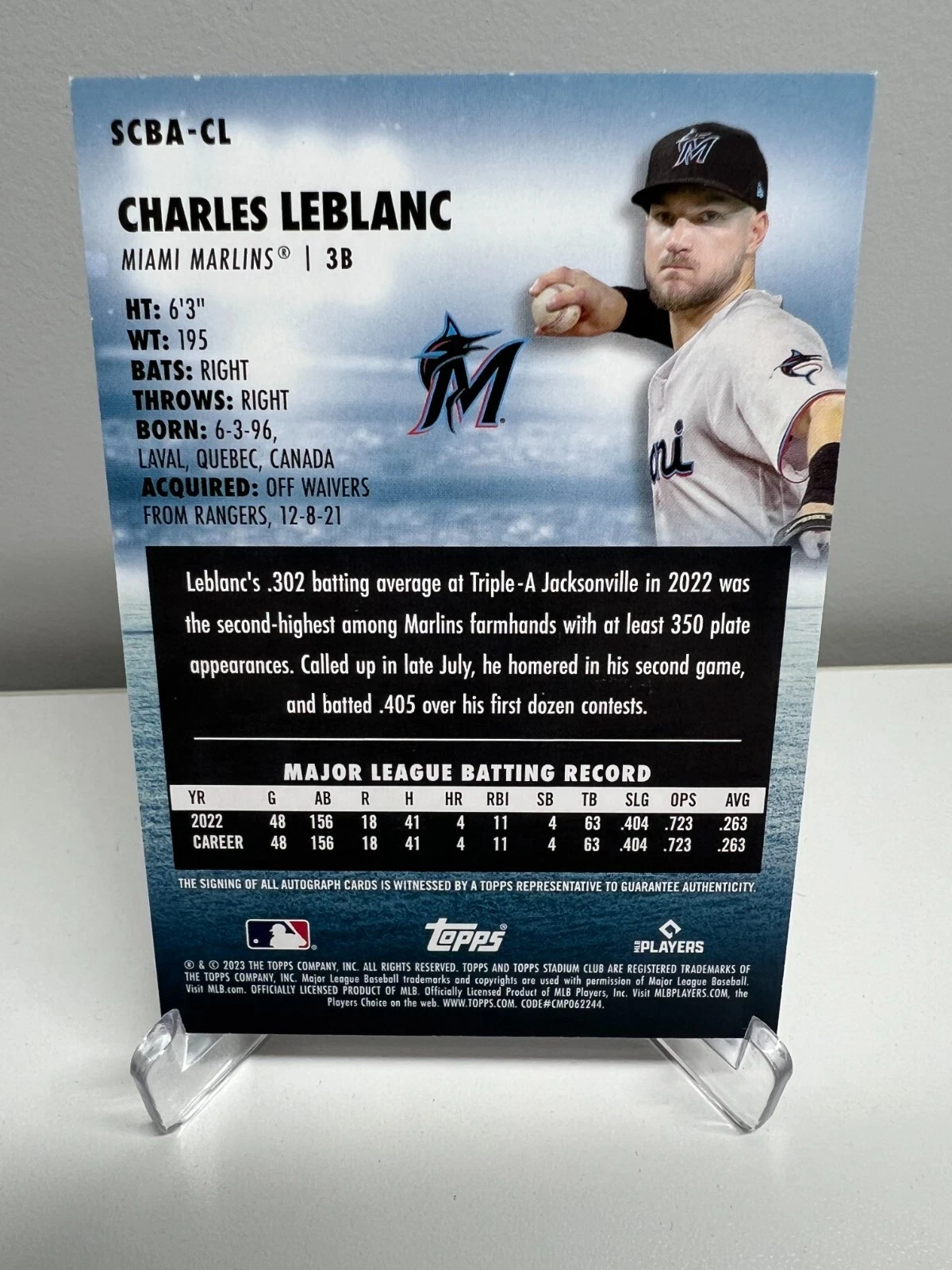 Charles Leblanc 2023 Topps Stadium Club Auto RC #SCBA-CL Marlins