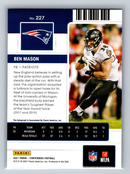 Ben Mason 2021 Panini Contenders Rookie Ticket Auto RC #227 Patriots