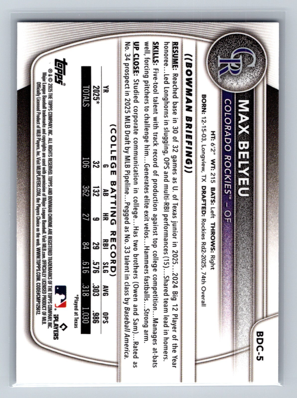 Max Belyeu 2025 Bowman Draft Chrome 1st Purple Refractor /250 #BDC-5 Rockies