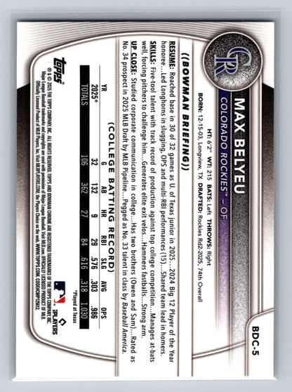 Max Belyeu 2025 Bowman Draft Chrome 1st Purple Refractor /250 #BDC-5 Rockies