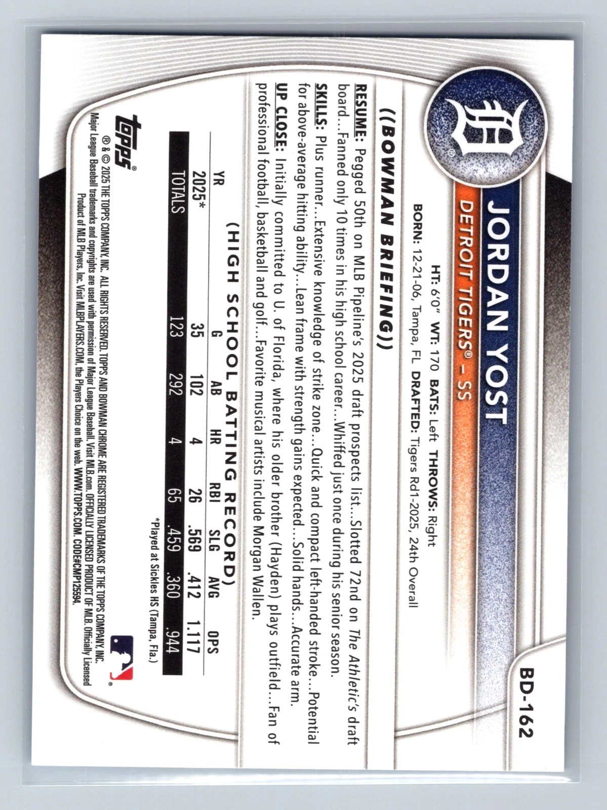 Jordan Yost 2025 Bowman Draft 1st Paper Blue /150 #BD-162 Tigers