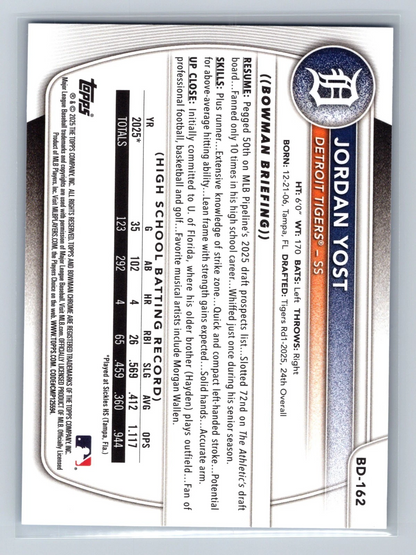Jordan Yost 2025 Bowman Draft 1st Paper Blue /150 #BD-162 Tigers