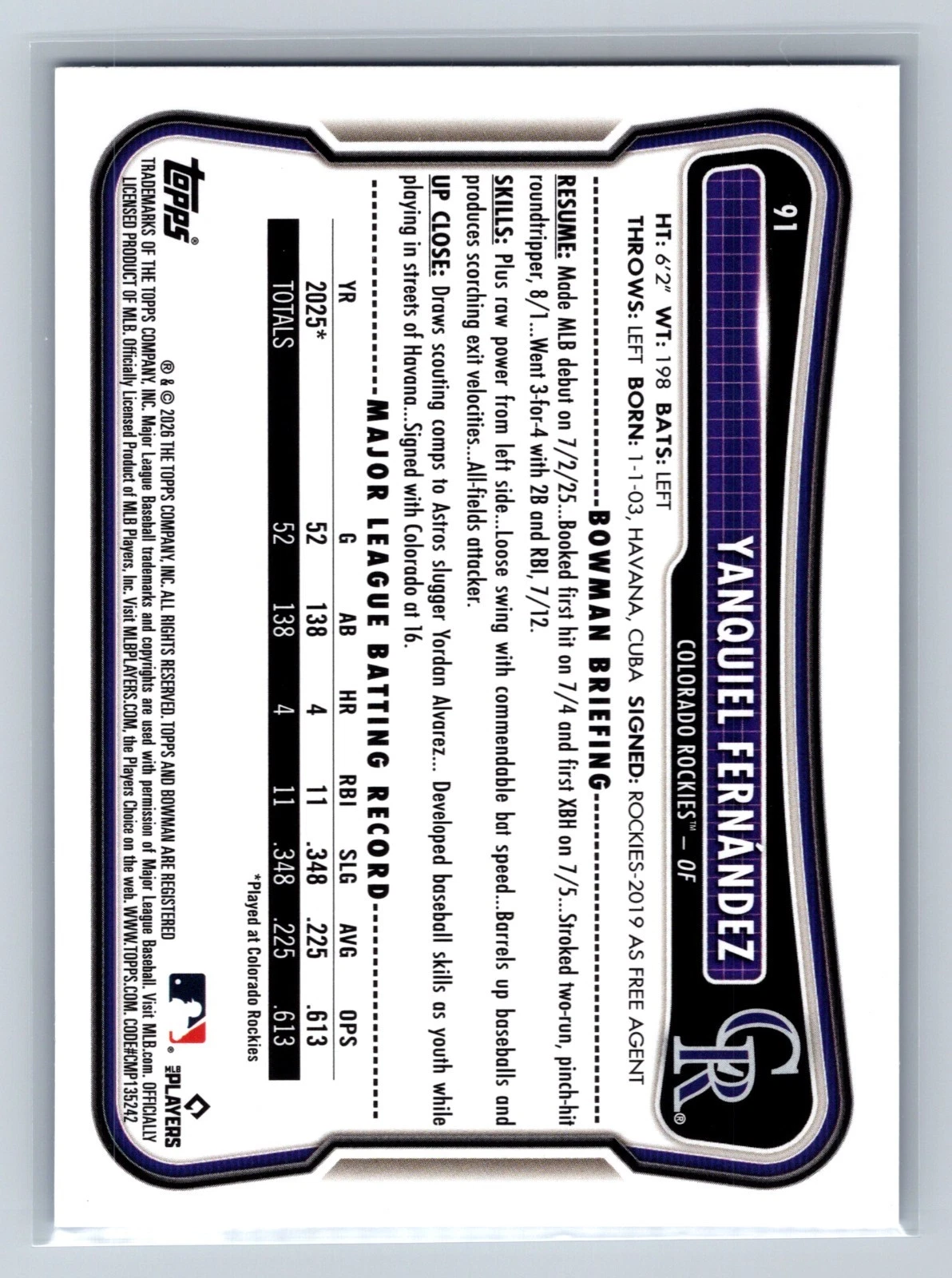 Yanquiel Fernandez 2026 Bowman Blue Scorecard RC /150 #91 Rockies
