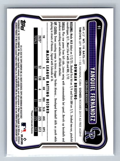 Yanquiel Fernandez 2026 Bowman Blue Scorecard RC /150 #91 Rockies