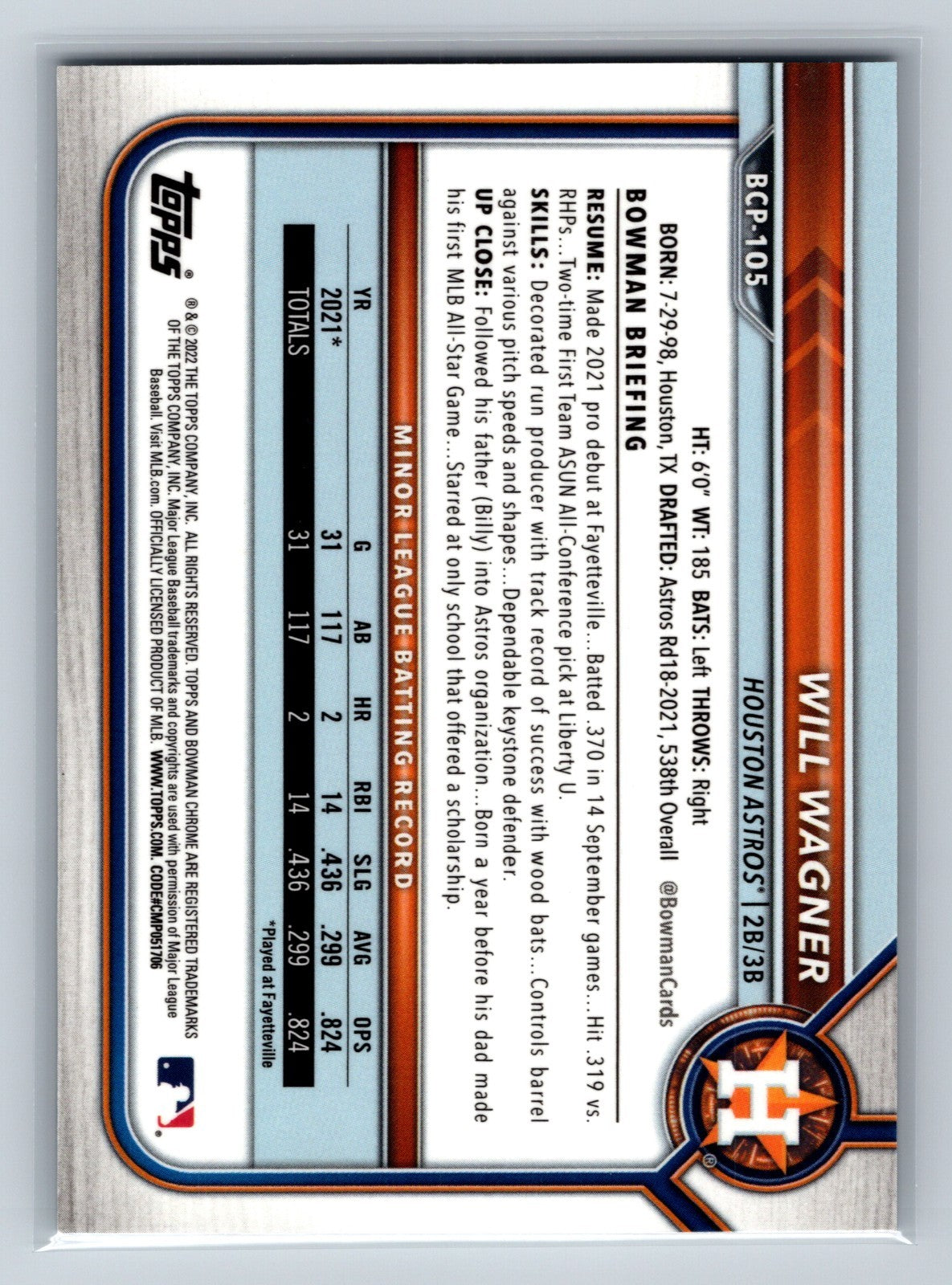 Will Wagner 2022 Bowman Chrome 1st Lava Refractor /399 #BCP-105 Astros