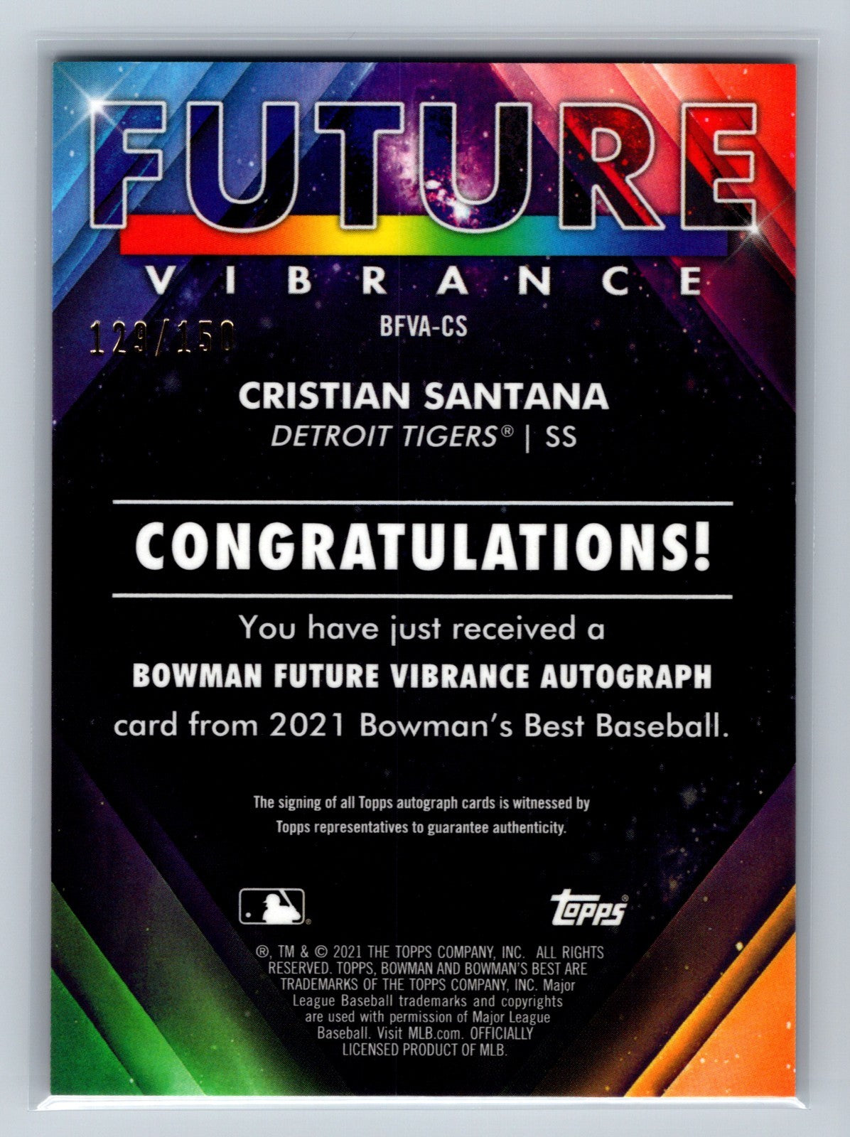 Cristian Santana 2021 Bowmans Best Future Vibrance Auto /150 #BFVA-CS Tigers