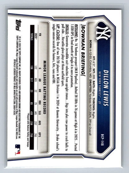 Dillon Lewis 2026 Bowman Chrome 1st Sapphire Yellow Refractor /75 #BCP-148