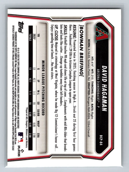 David Hagaman 2026 Bowman Chrome 1st Yellow X-Fractor /75 #BCP-84 Diamondbacks