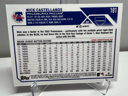 Nick Castellanos 2023 Topps Chrome Purple Speckle Refractor /299 #181 Phillies